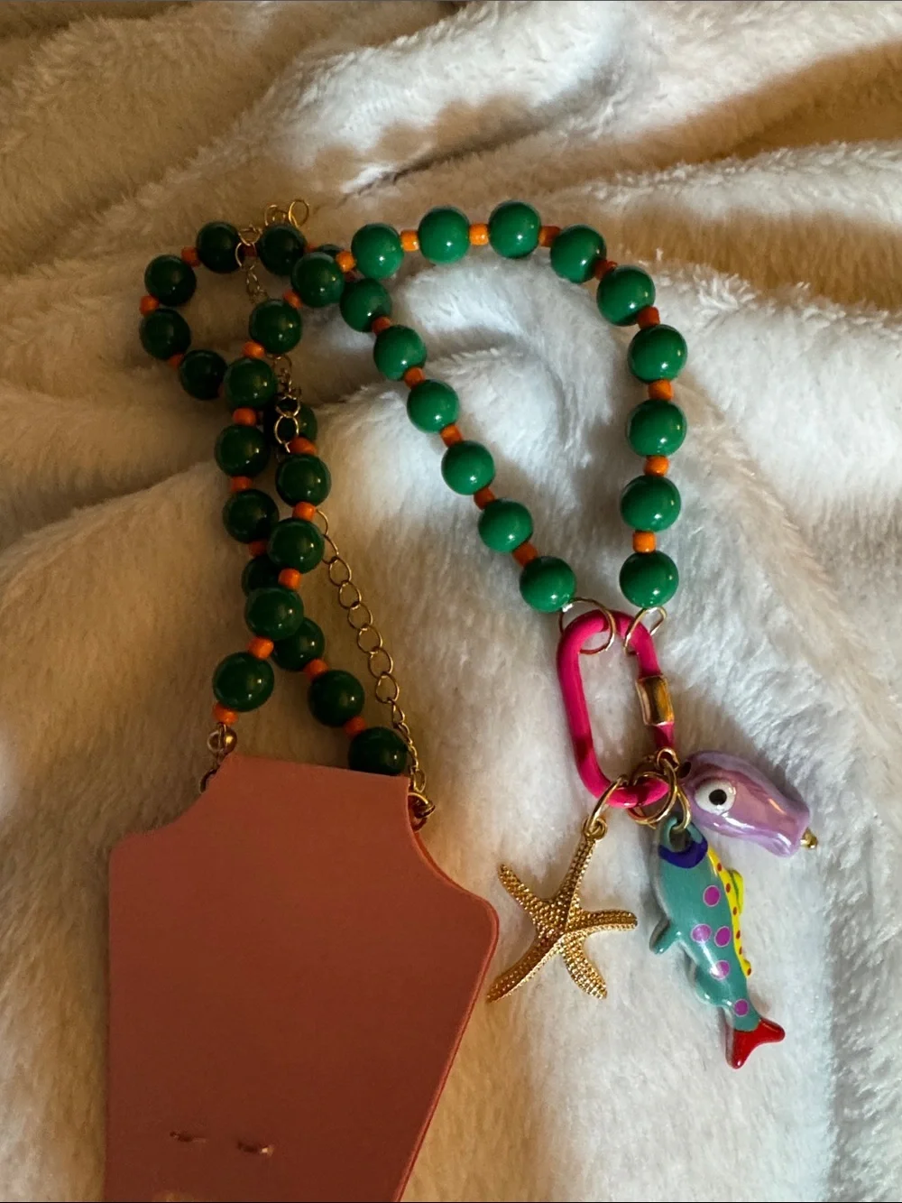 Green Beaded Charm Necklace with Colorful Ocean Charms